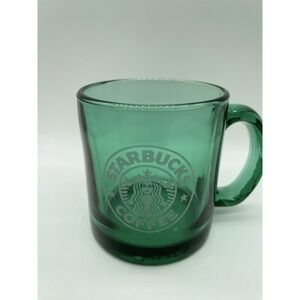 STARBUCKS Green Glass Coffee Mug Cup Siren Mermaid Logo Etched Made in USA